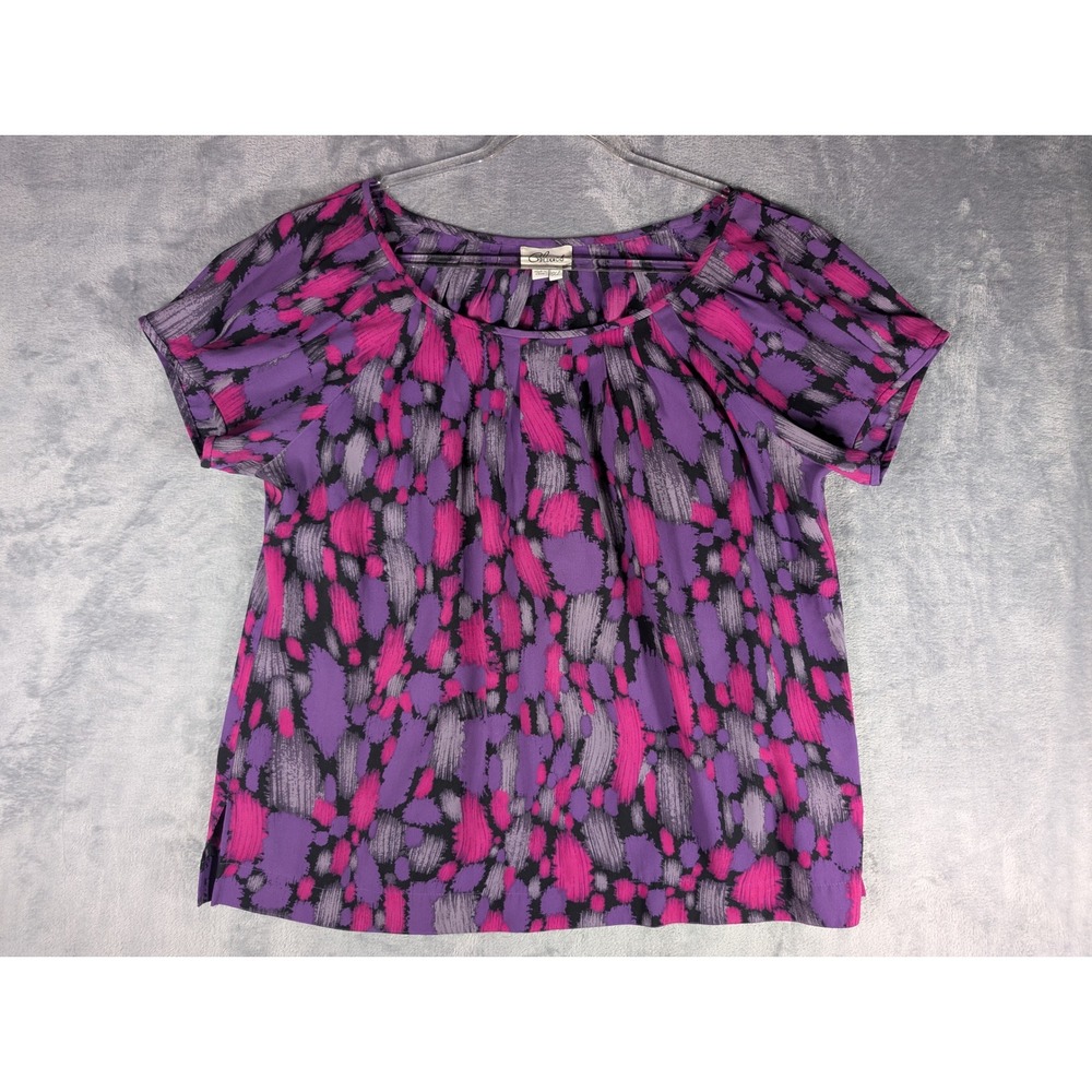 Chaus Womens Purple Magenta Abstract Brushstroke Pleated Scoop Blouse Top Sz XL